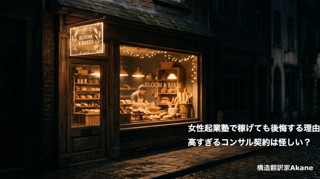 暗闇の中に浮かぶパン屋と光る透明な看板。女性起業塾やSNSコンサルで「パンの作り方ではなく看板の出し方」を売らされる構造と罪悪感を表現したイメージ画像。