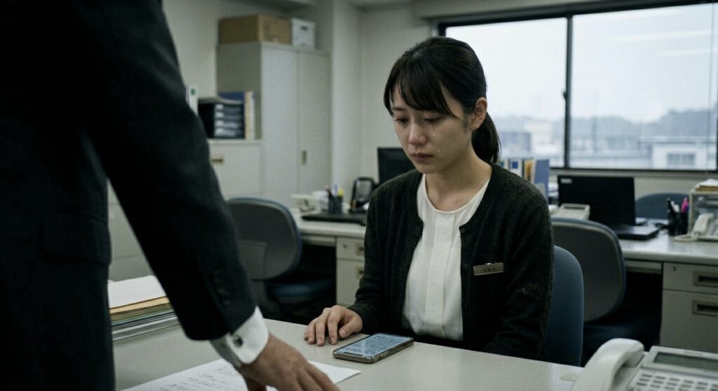 本音を言おうとすると涙が出てしまい、上司との面談で苦しむ女性のイメージ