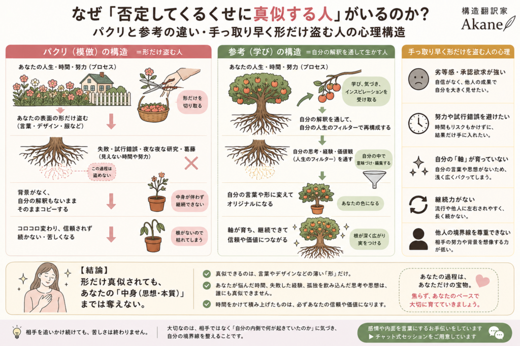 パクリ（模倣）と参考（学び）の構造の違い、手っ取り早く形だけ盗む人の心理構造、表面は真似できても背景や思想は奪えないオリジナル図解で構造翻訳家Akaneが解説